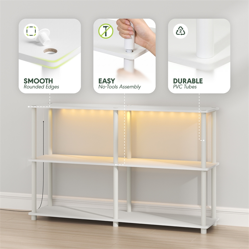 Furinno TURN-N-TUBE 3-Tier 47.4 Wide LED Lights Toolless Corner Shelf. White