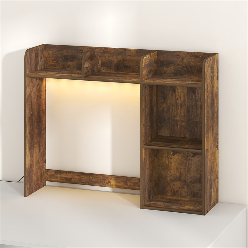 Furinno CLASSIC 5-Shelf LED Lights Desktop Hutch Desk Organzier. Amber Pine