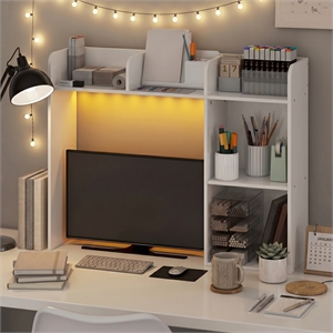 Furinno CLASSIC 5-Shelf LED Lights Desktop Hutch Desk Organzier. White