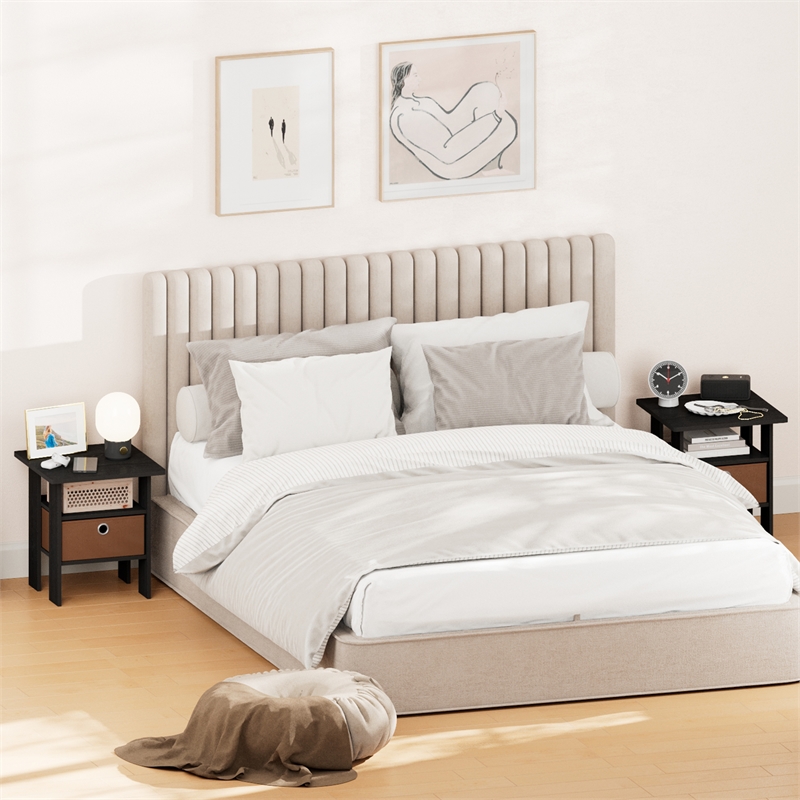 Furinno TIDUR Set of 2 Open Shelf Nightstand with Storage Bin. Americano