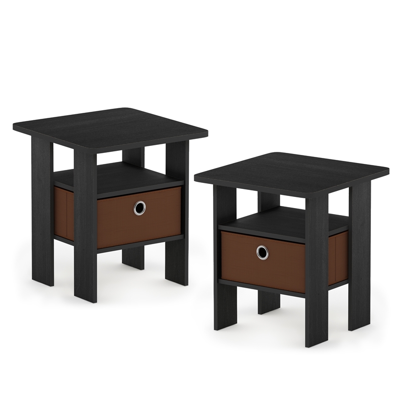Furinno TIDUR Set of 2 Open Shelf Nightstand with Storage Bin. Americano