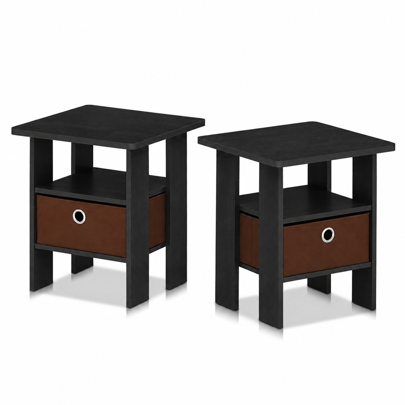 Furinno TIDUR Set of 2 Open Shelf Nightstand with Storage Bin. Americano