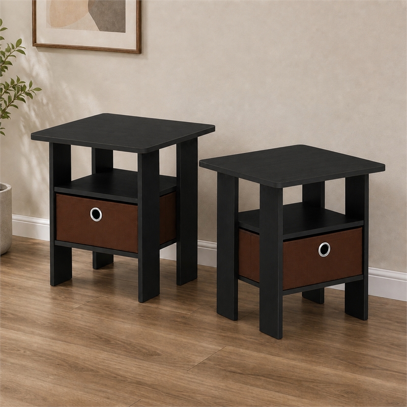 Furinno TIDUR Set of 2 Open Shelf Nightstand with Storage Bin. Americano