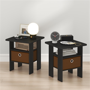 Furinno TIDUR Set of 2 Open Shelf Nightstand with Storage Bin. Americano