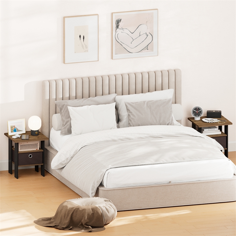 Furinno TIDUR Set of 2 Open Shelf Nightstand with Storage Bin. Columbia Walnut