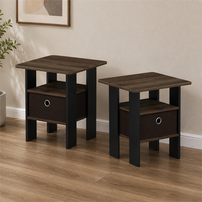 Furinno TIDUR Set of 2 Open Shelf Nightstand with Storage Bin. Columbia Walnut