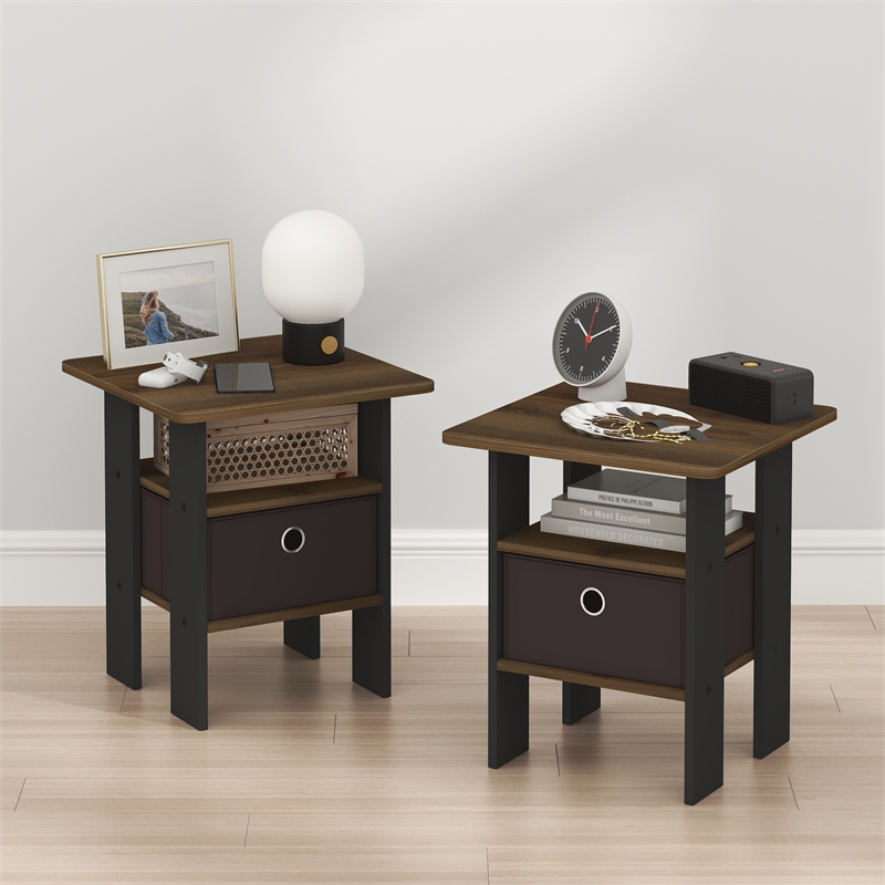 Furinno TIDUR Set of 2 Open Shelf Nightstand with Storage Bin. Columbia Walnut