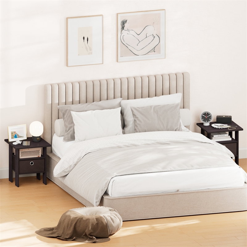 Furinno TIDUR Set of 2 Open Shelf Nightstand with Storage Bin. Dark Walnut