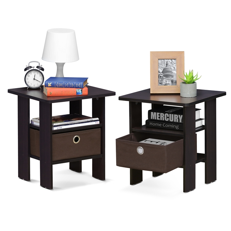 Furinno TIDUR Set of 2 Open Shelf Nightstand with Storage Bin. Dark Walnut