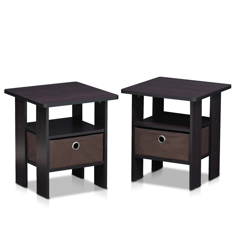 Furinno TIDUR Set of 2 Open Shelf Nightstand with Storage Bin. Dark Walnut