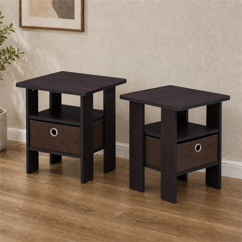 Furinno TIDUR Set of 2 Open Shelf Nightstand with Storage Bin. Dark Walnut