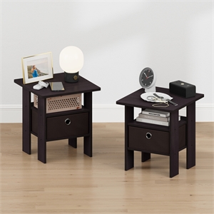 Furinno TIDUR Set of 2 Open Shelf Nightstand with Storage Bin. Dark Walnut