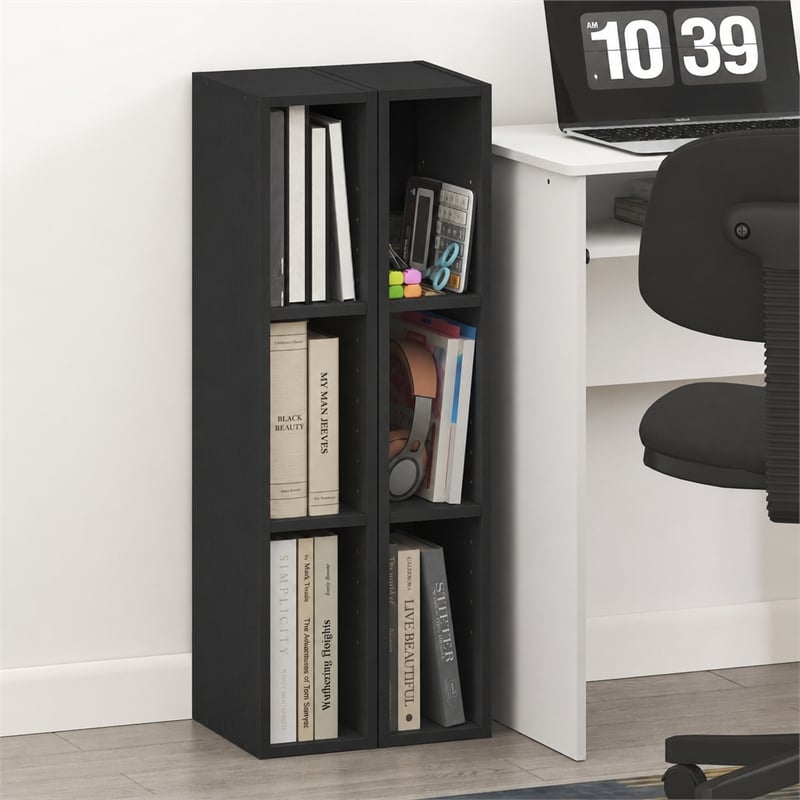 Furinno FULDA Set of 2. 3-Tier 6-In Width Narrow Bookcase. Blackwood