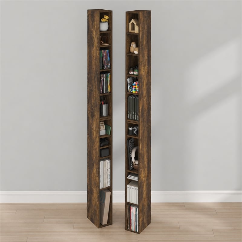 Furinno FULDA Set of 2. 10-Tier Space Saving Storage Shelf Bookcase. Amber Pine