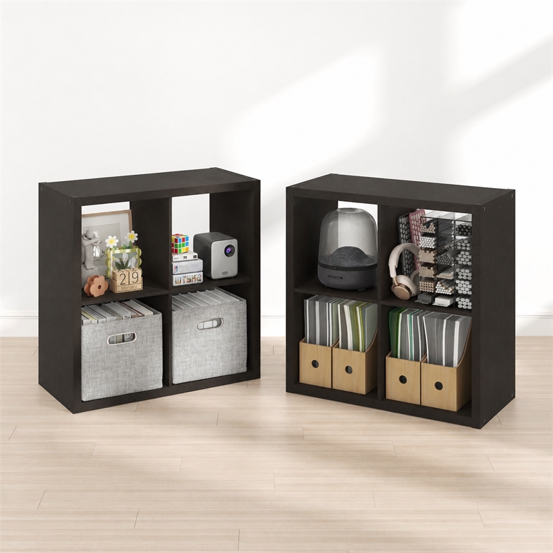 Furinno CUBICLE Set of 2. 4-Cube Thick Frame Reversible Bookcase. Black Dark Oak