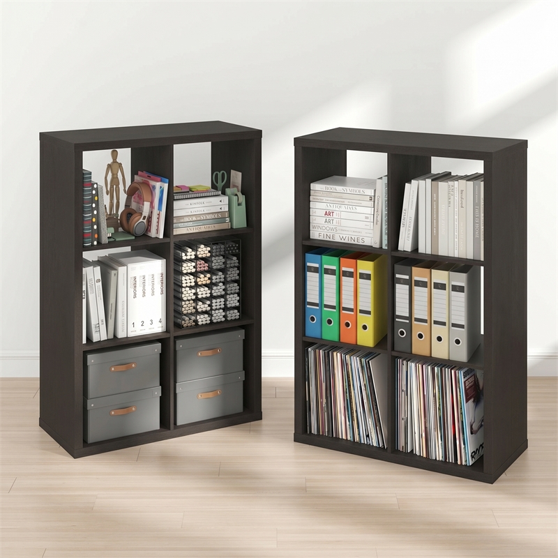 Furinno CUBICLE Set of 2. 6-Cube Thick Frame Reversible Bookcase. Black Dark Oak