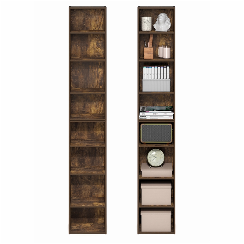 Furinno PASIR Set of 2 8-Tier Open Shelf Bookcase. 9.3 x 11.8 x 70.9. Amber Pine