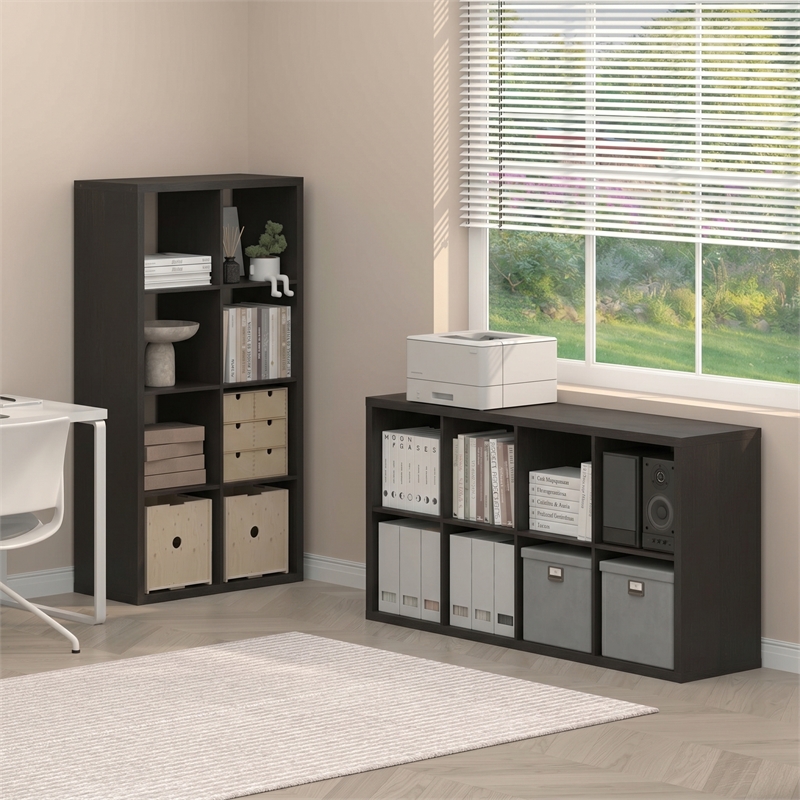 Furinno CUBICLE Set of 2. 8-Cube Thick Frame Reversible Bookcase. Black Dark Oak