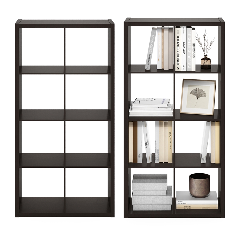 Furinno CUBICLE Set of 2. 8-Cube Thick Frame Reversible Bookcase. Black Dark Oak