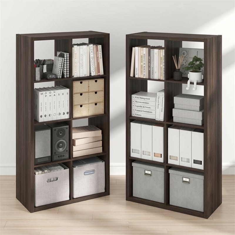 Furinno CUBICLE Set of 2. 8-Cube Thick Frame Reversible Bookcase. Black Dark Oak