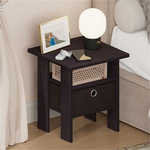 Furinno TIDUR Open Shelf Nightstand with Storage Bin. End Table. Dark Walnut