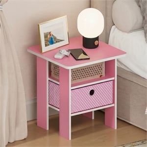 Furinno TIDUR Open Shelf Nightstand with Storage Bin. End Table. Pink