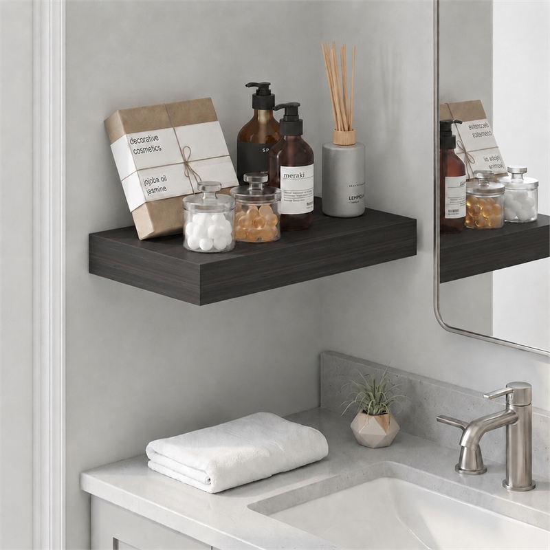 Furinno TANNA 9 x 16 Invisible Brackets 2 Thick Floating Shelves. Tobacco Oak