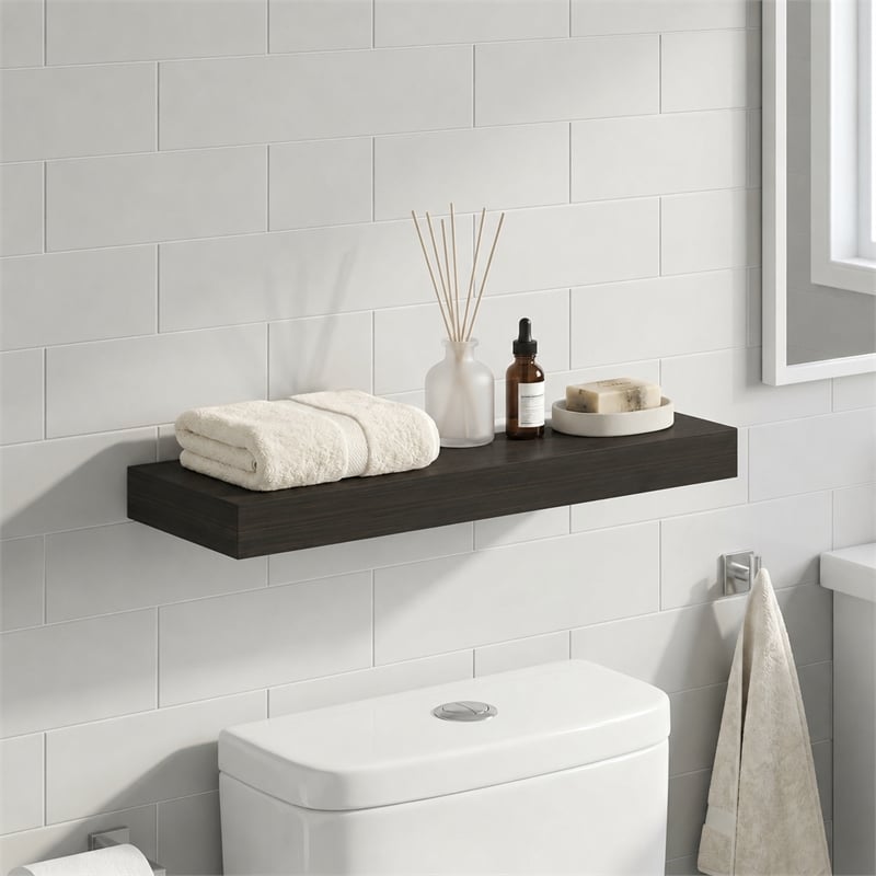 Furinno TANNA 9 x 24 Invisible Brackets 2 Thick Floating Shelves. Tobacco Oak