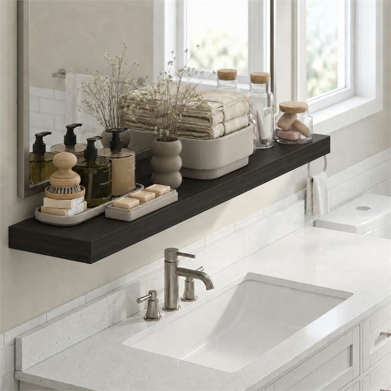 Furinno TANNA 9 x 47 Invisible Brackets 2 Thick Floating Shelves. Tobacco Oak