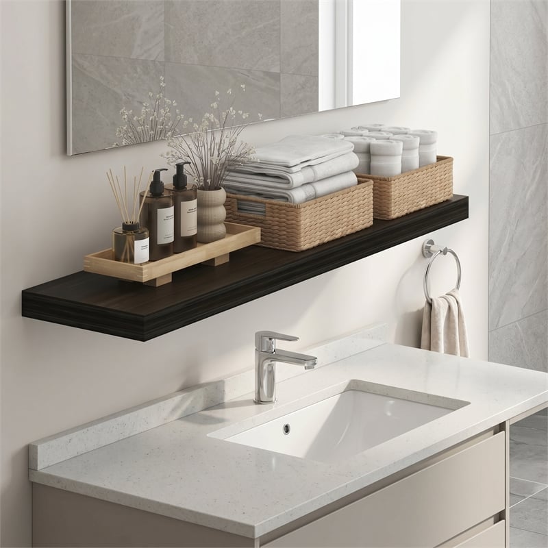 Furinno TANNA 12 x 47 Invisible Brackets 2 Thick Floating Shelves. Tobacco Oak