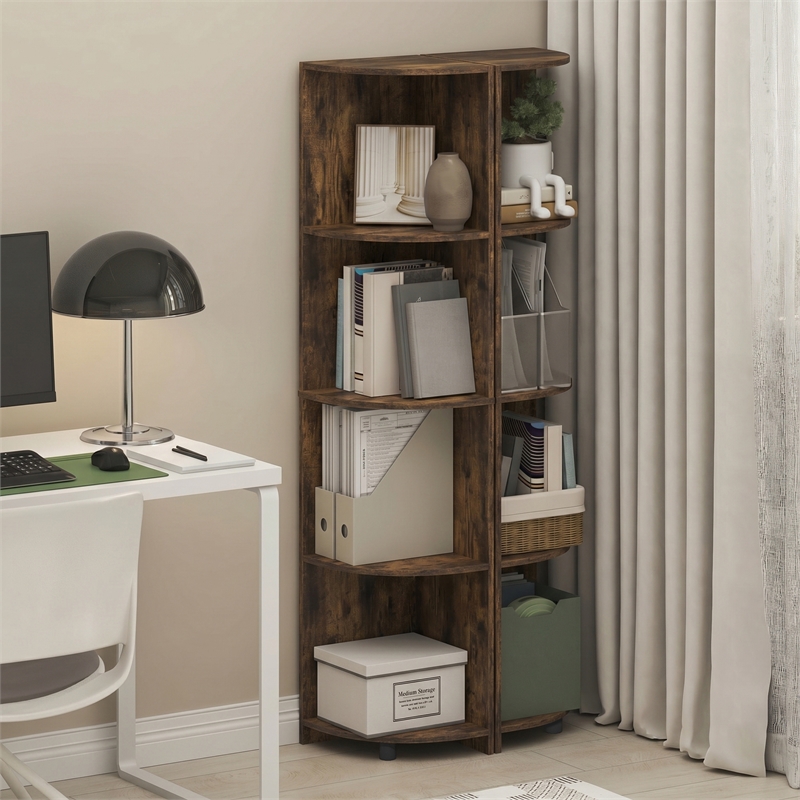 Furinno ECON 4-Tier Corner Bookshelf Set of 2. Storage Shelves. Amber Pine