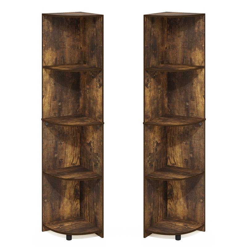 Furinno ECON 4-Tier Corner Bookshelf Set of 2. Storage Shelves. Amber Pine