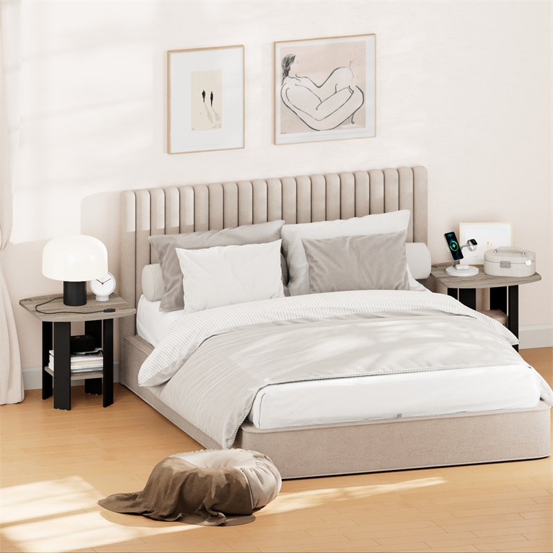Furinno TIDUR Set of 2 Round Corner Nightstand with Storage Shelf. French Oak
