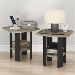 Furinno TIDUR Set of 2 Round Corner Nightstand with Storage Shelf. French Oak