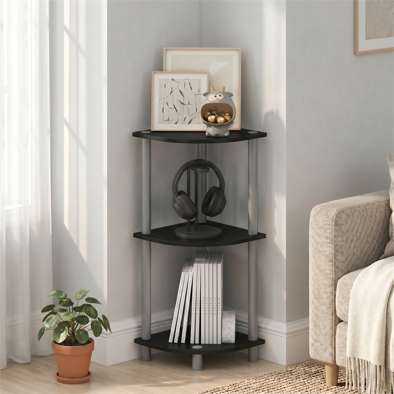 Furinno Turn-N-Tube Toolless Assembly 3-Tier Black Open Corner Shelf. Black