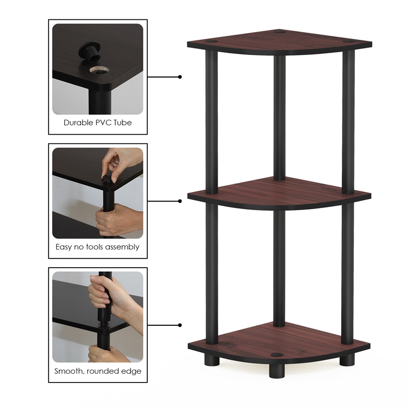 Furinno Turn-N-Tube Toolless Assembly 3-Tier Brown Corner Shelf. Dark Cherry