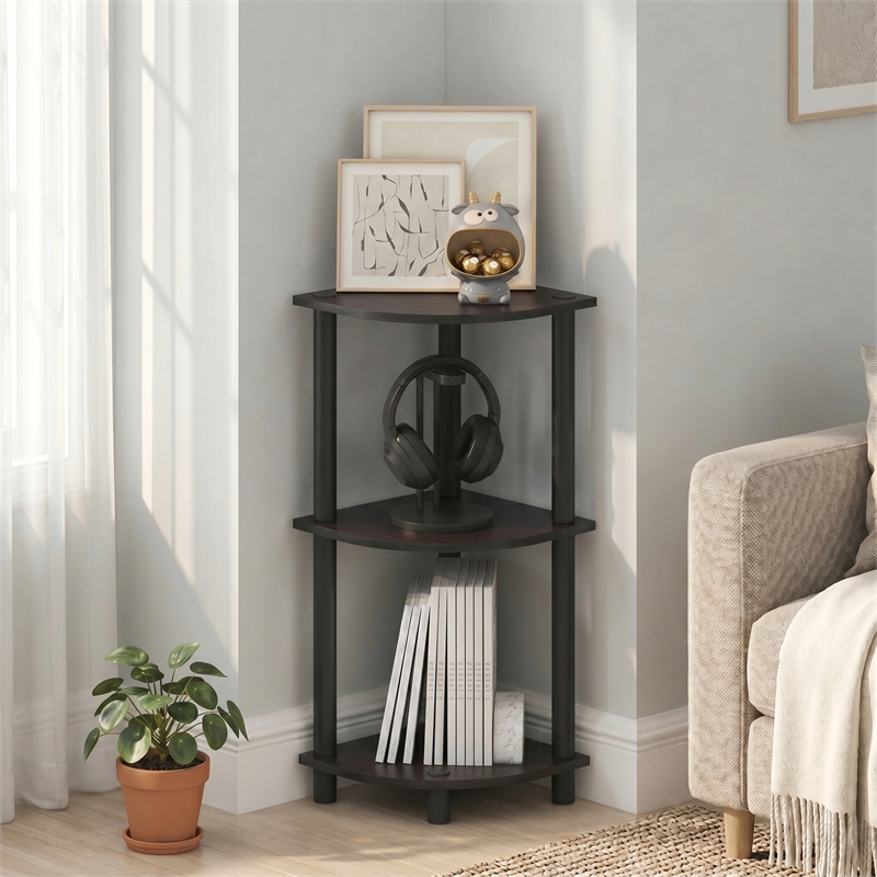 Furinno Turn-N-Tube Toolless Assembly 3-Tier Black Corner Shelf. Dark Walnut