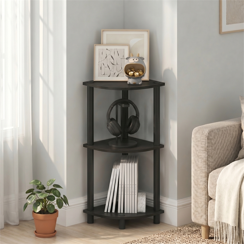 Furinno Turn-N-Tube Toolless Assembly 3-Tier Black Open Corner Shelf. Espresso