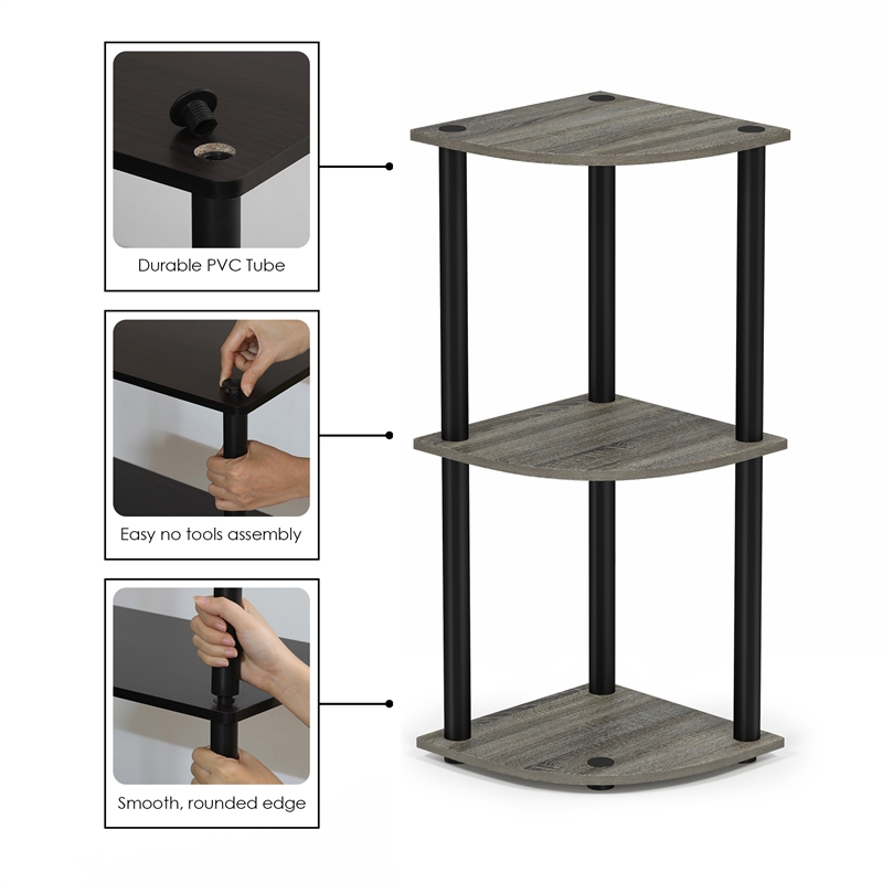 Furinno Turn-N-Tube Toolless Assembly 3-Tier Grey Open Corner Shelf. French Oak