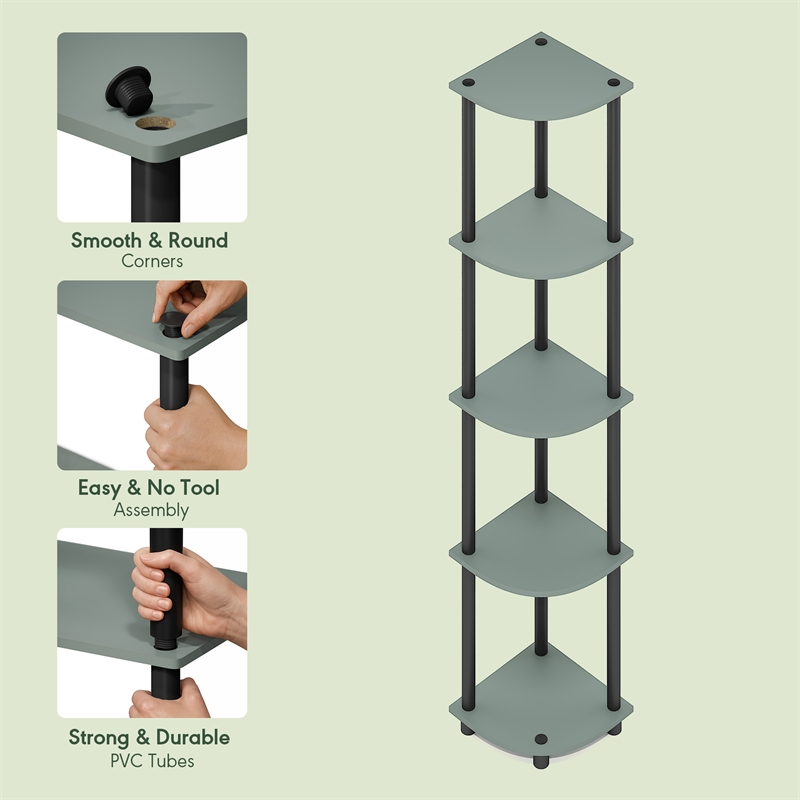 Furinno Turn-N-Tube Toolless Assembly 5-Tier Green Open Corner Shelf. Sage Green