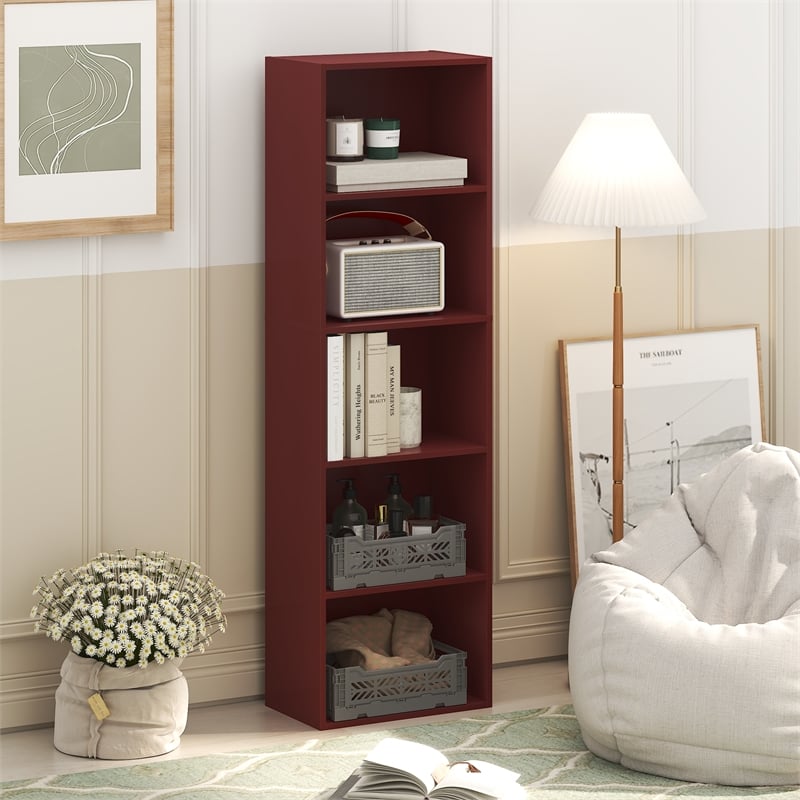 Furinno LUDER 5-Cube Bookcase with Open Shelf. 9.4 x 15.8 x 52. Dark Red