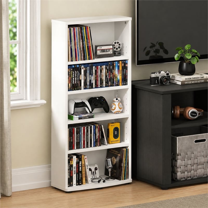 Furinno JAYA 5-Tier Adjustable Shelves CD Rack with Open Shelf. White