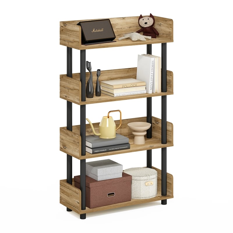 Furinno TURN-N-TUBE 4-Tier Round Corner Top Edges Bookcases. Flagstaff Oak