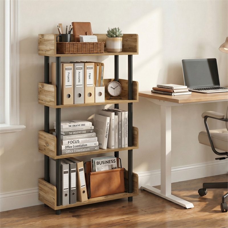 Furinno TURN-N-TUBE 4-Tier Round Corner Top Edges Bookcases. Flagstaff Oak
