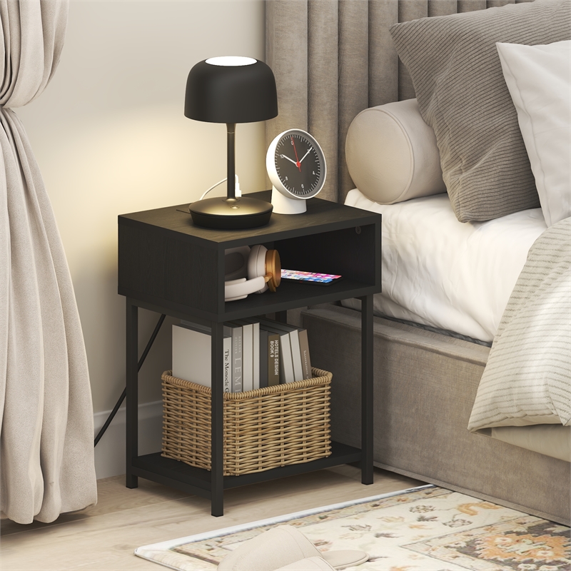Furinno MORETTI 3-Tier Nightstand. USB & Type-C Charging Port. Americano