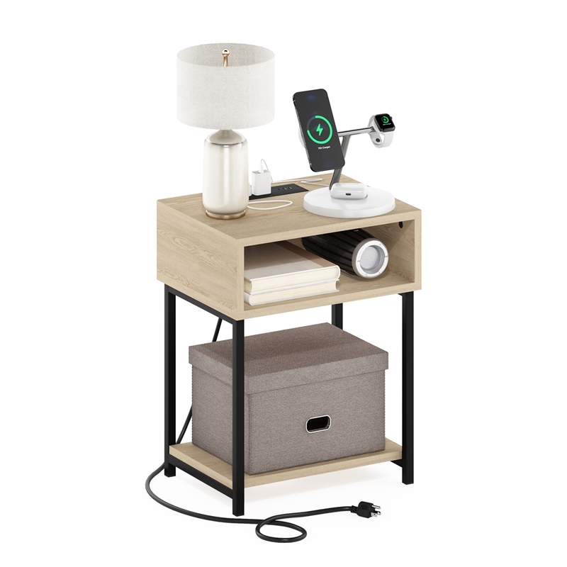Furinno MORETTI 3-Tier Nightstand. USB & Type-C Charging Port. Bauhaus Oak