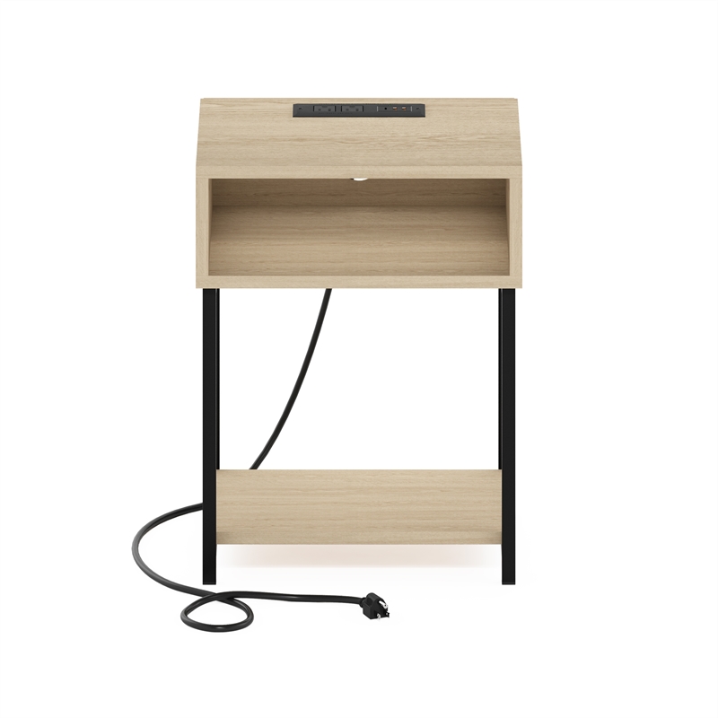 Furinno MORETTI 3-Tier Nightstand. USB & Type-C Charging Port. Bauhaus Oak