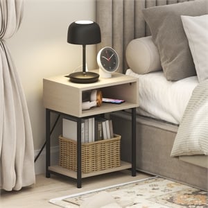 Furinno MORETTI 3-Tier Nightstand. USB & Type-C Charging Port. Bauhaus Oak