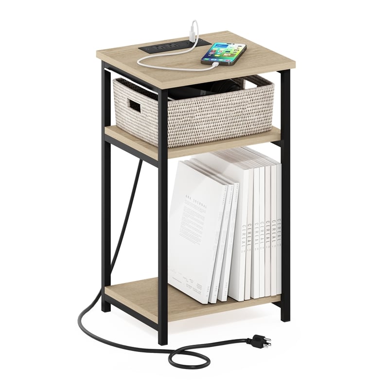 Furinno MORETTI 3-Tier Nightstand. USB & Type-C Charging Port. Bauhaus Oak