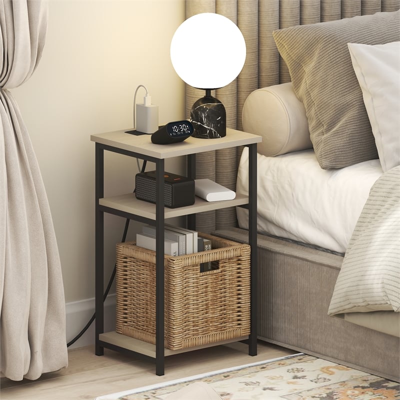 Furinno MORETTI 3-Tier Nightstand. USB & Type-C Charging Port. Bauhaus Oak
